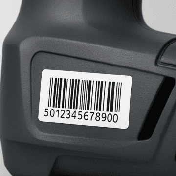 Durable barcode label with code 5012345678900 applied to equipment for inventory and asset management.