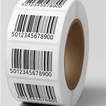 Roll of adhesive barcode labels with code 5012345678900 for product identification and asset tracking.