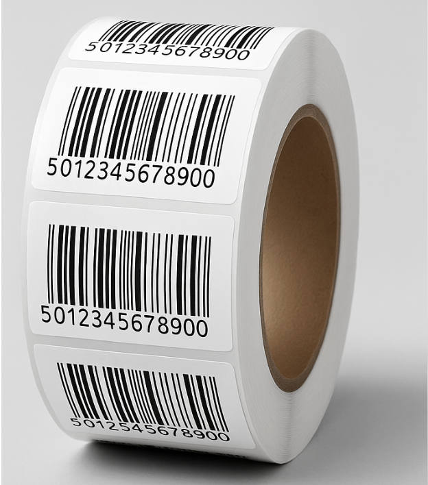 Roll of adhesive barcode labels with code 5012345678900 for product identification and asset tracking.