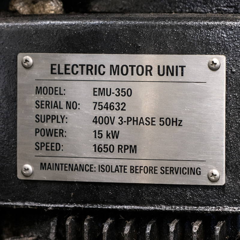 metal rating plate with drilled holes and black text fixed to a machine