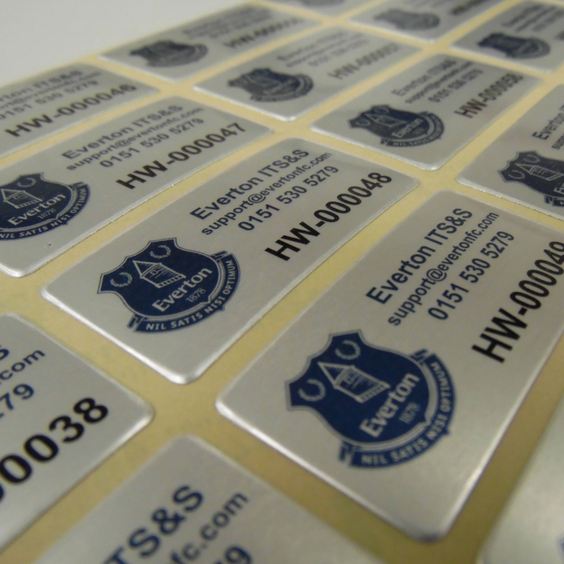 Full colour foil asset labels for Everton FC with numbering sequence and self adhesive