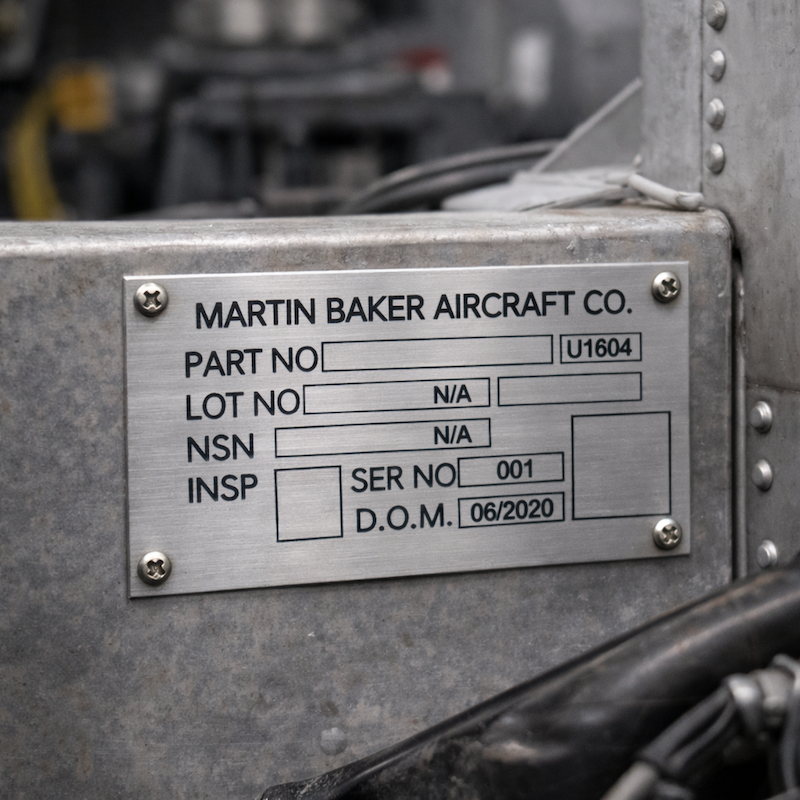 metal labels for aerospace with black print and drilled holes